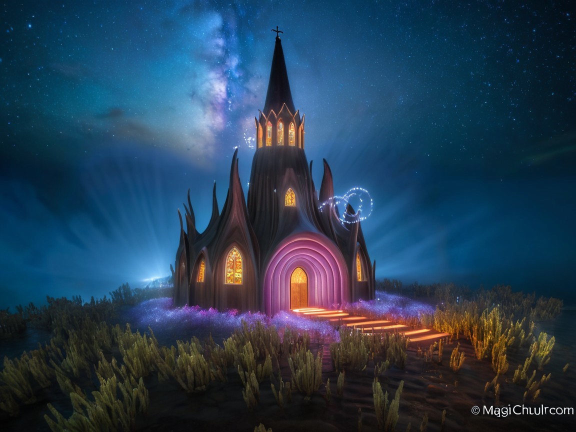 Gothic Church with Bioluminescent Surroundings at Night