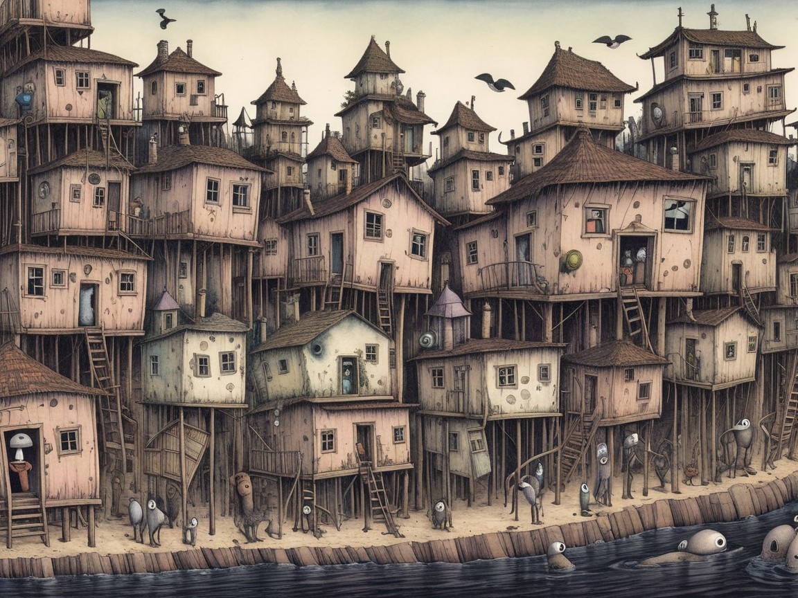 Whimsical Village with Quirky Stilt Houses and Figures