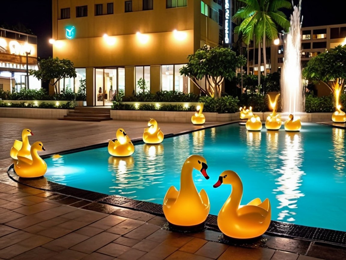 Tranquil Pool with Glowing Yellow Duck Floats