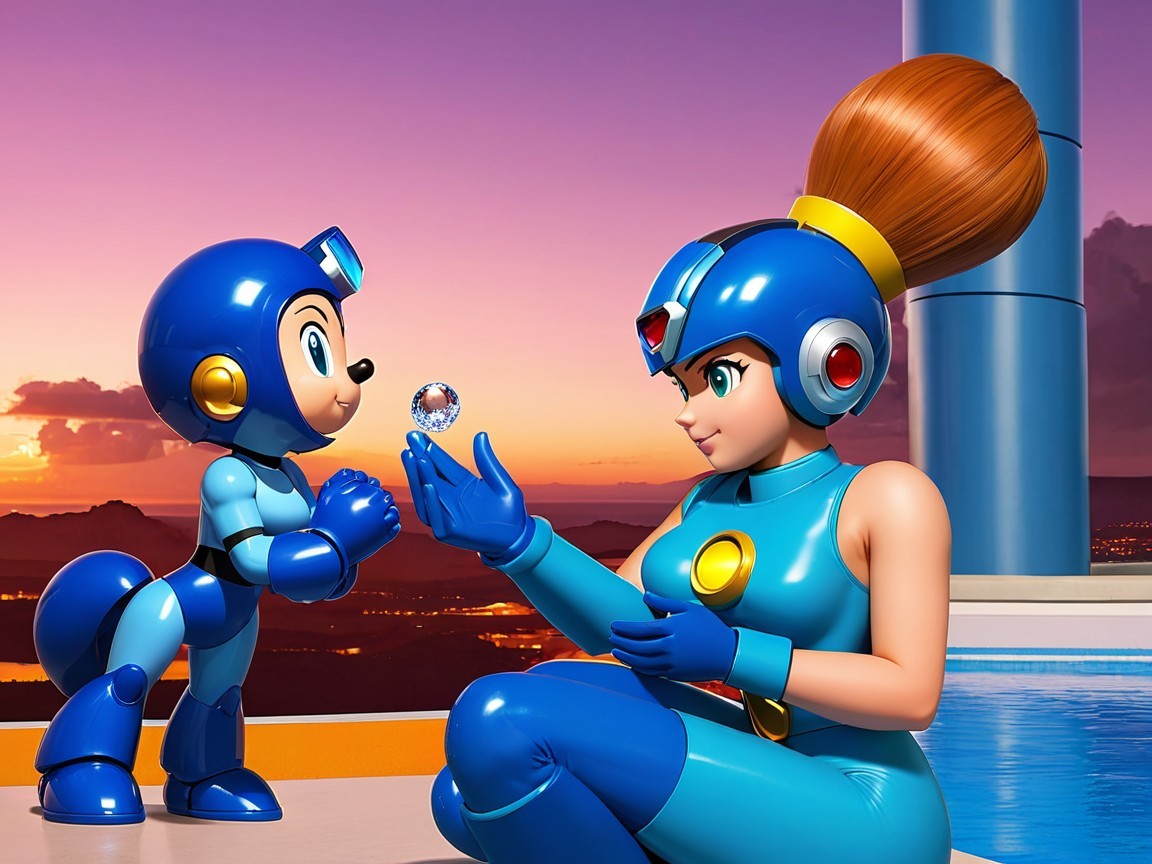 Futuristic Scene with Female Character and Robot at Sunset