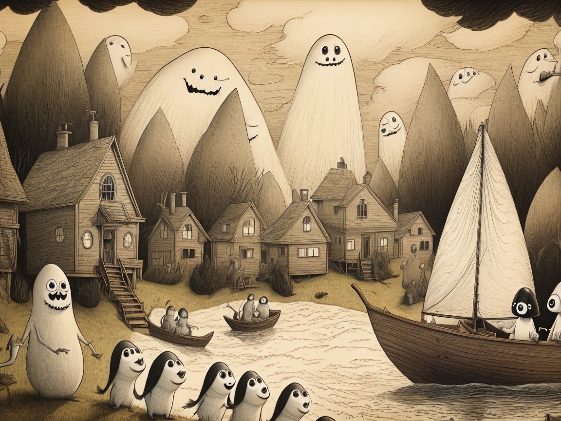 Whimsical Riverside Landscape with Floating Figures