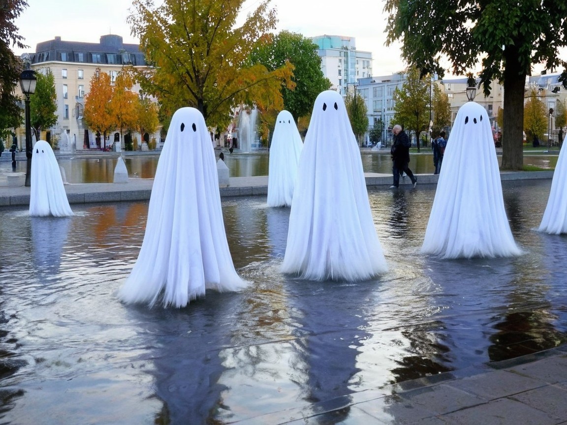 Whimsical Ghost Figures in Urban Park Water Installation