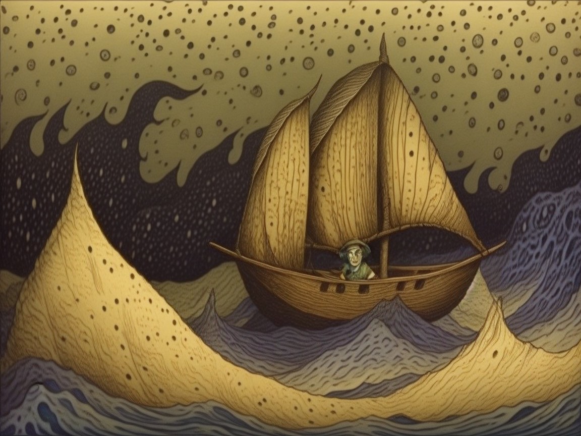 Wooden Sailing Boat on Turbulent Waves Under Stars