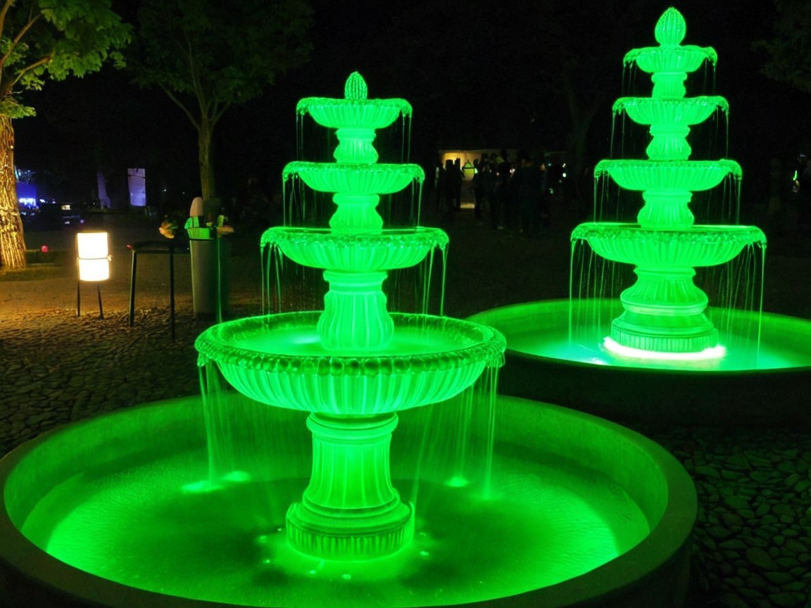 Ornate Multi-Tiered Fountains with Green Illumination