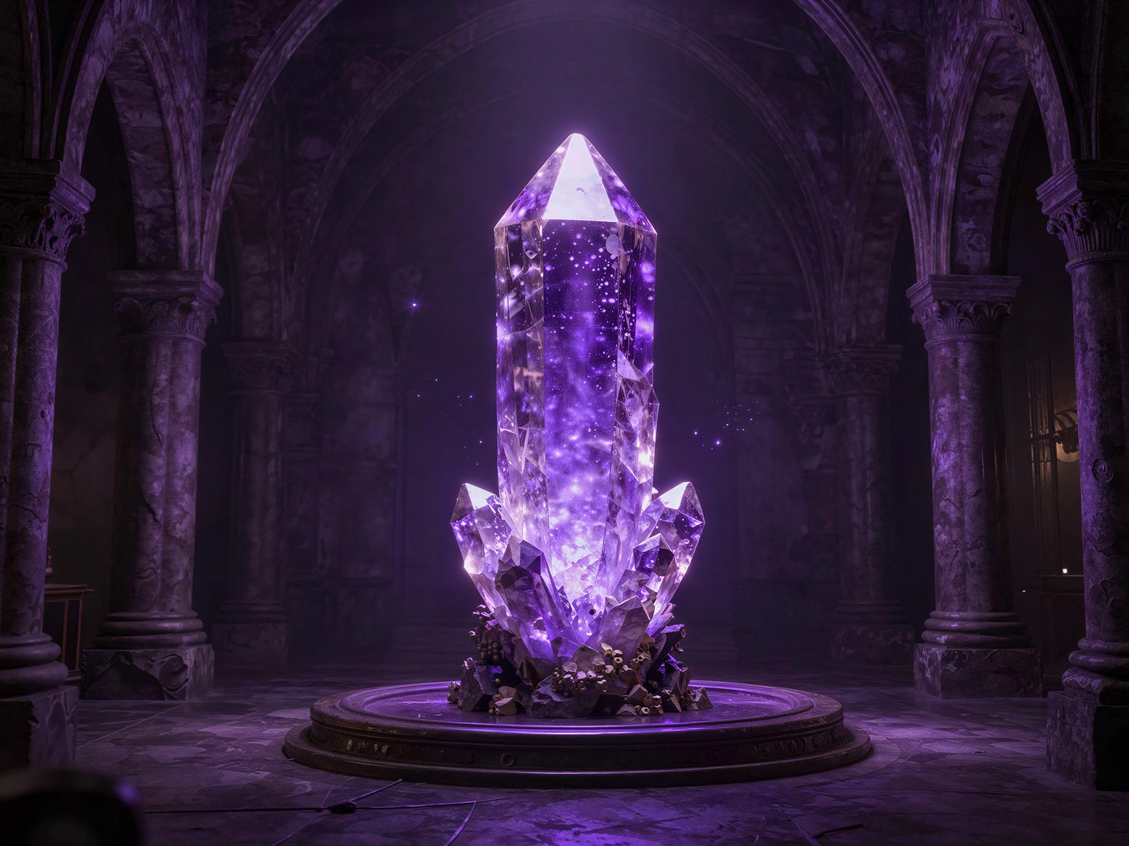Tall Purple Crystal in Ancient Dark Stone Chamber
