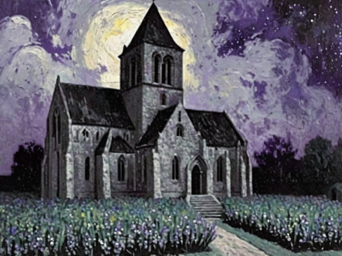 Stone Church Under Night Sky with Vibrant Flowers