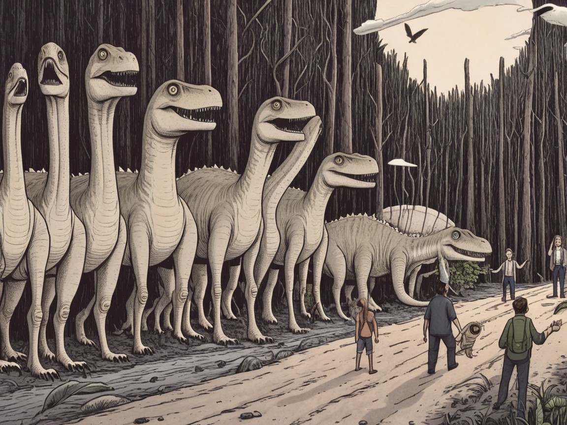 Surreal Forest with Dinosaurs and Curious Humans