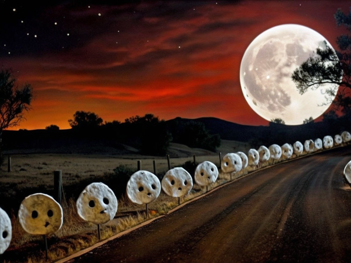 Winding Road with Whimsical Rocks and Full Moon
