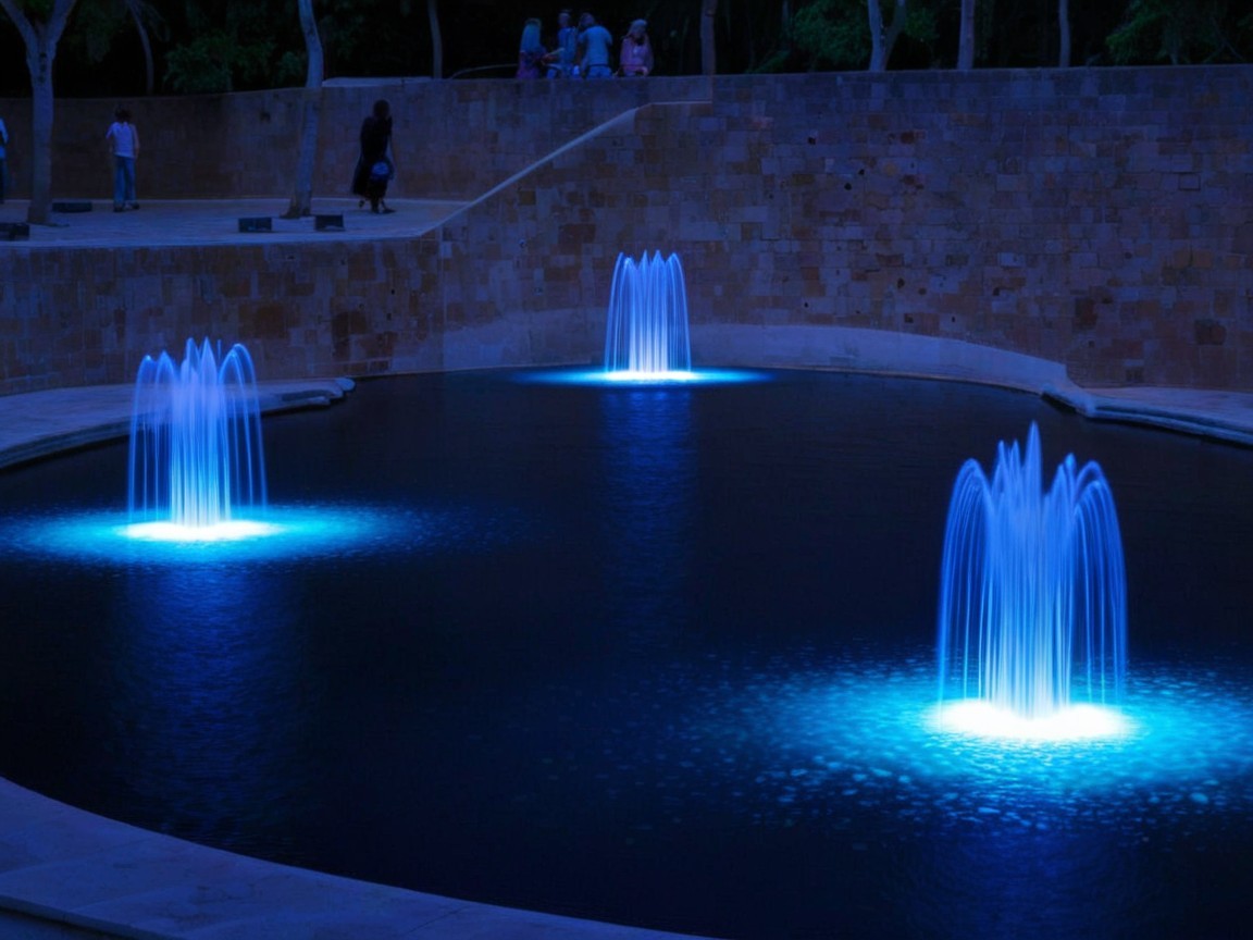 Illuminated Fountains in a Serene Night Pond Scene