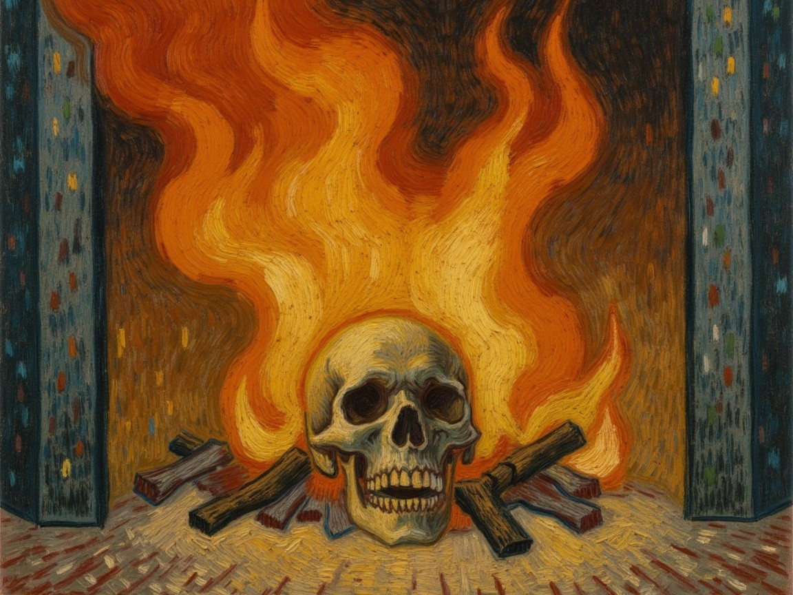 Stylized Skull Surrounded by Flames and Burning Logs
