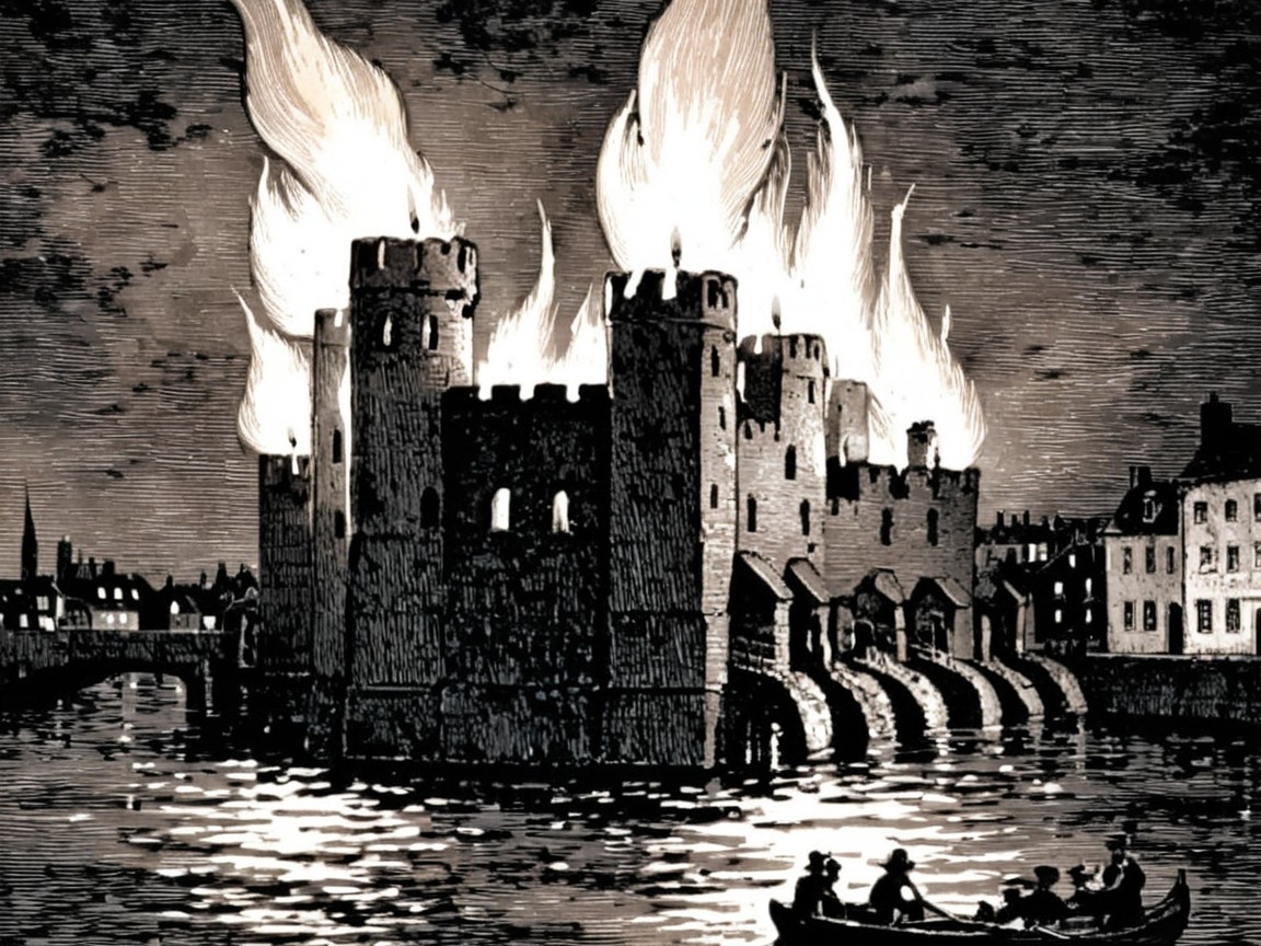 Old castle on fire with dark sky and reflections