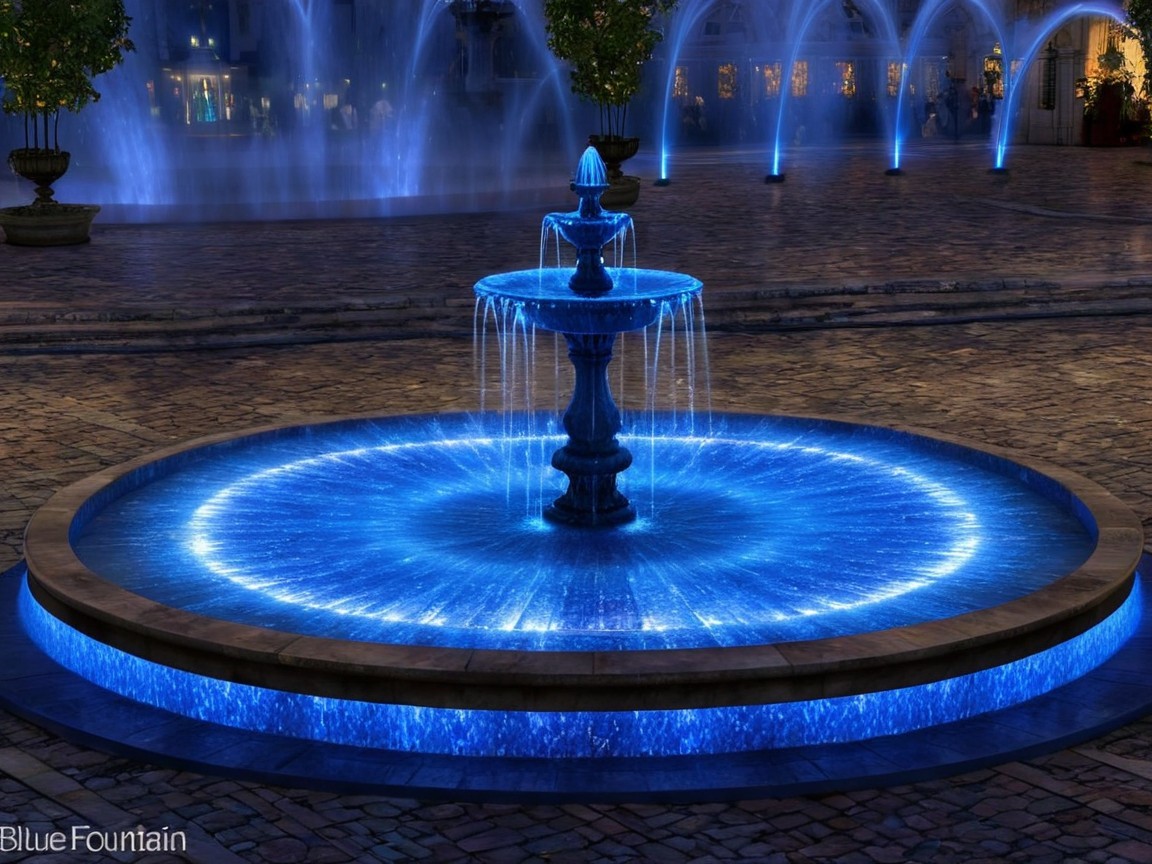 Blue Fountain in Illuminated Plaza with Cascading Water