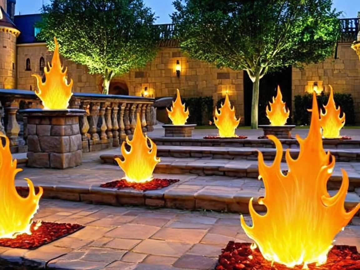 Enchanting Outdoor Scene with Flames and Stone Pathways