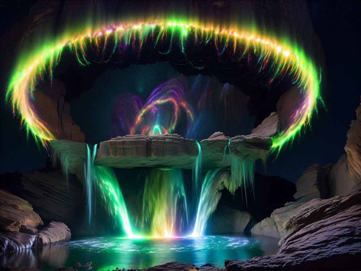 Surreal Landscape with Cascading Waterfalls and Lights