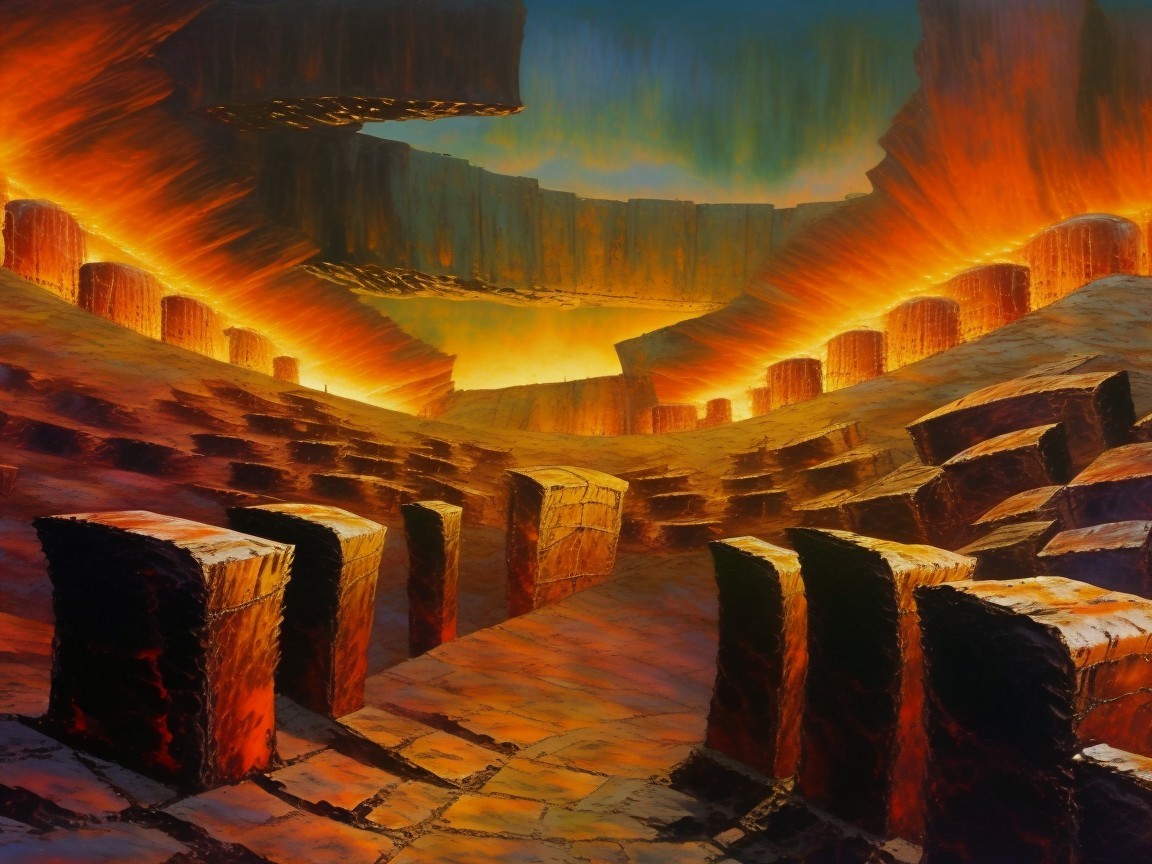 Surreal Landscape with Jagged Formations and Fiery Glow