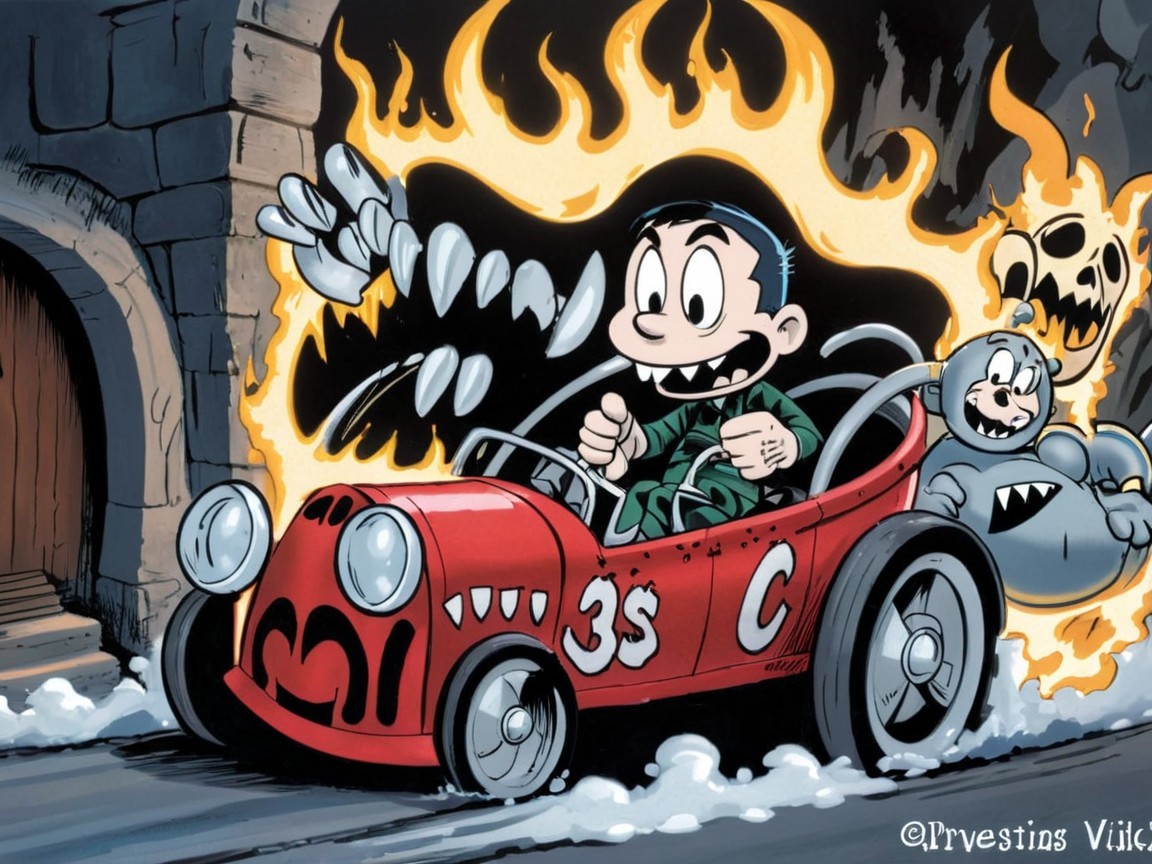 Cartoon Scene of Boy in Race Car with Dog and Flames