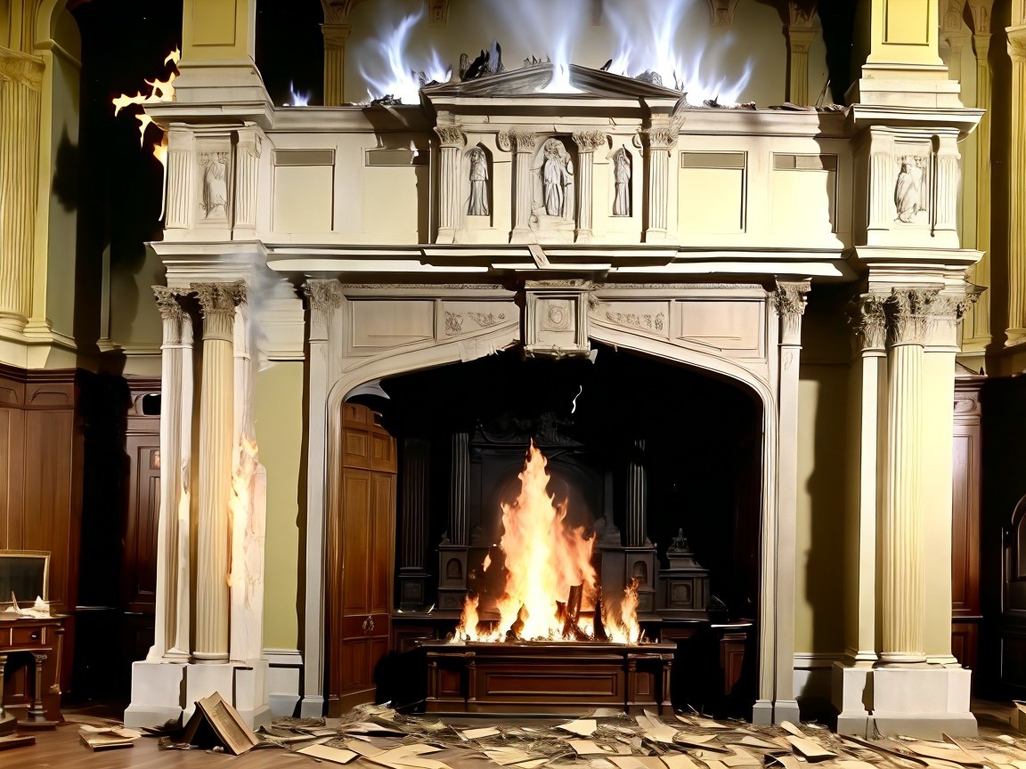 Grand room with ornate fireplace and smoke details