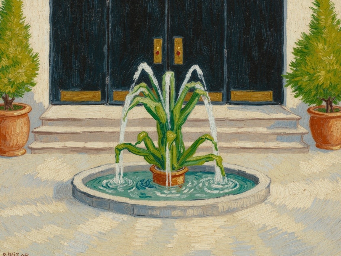 Vibrant Decorative Fountain with Elegant Entrance Background