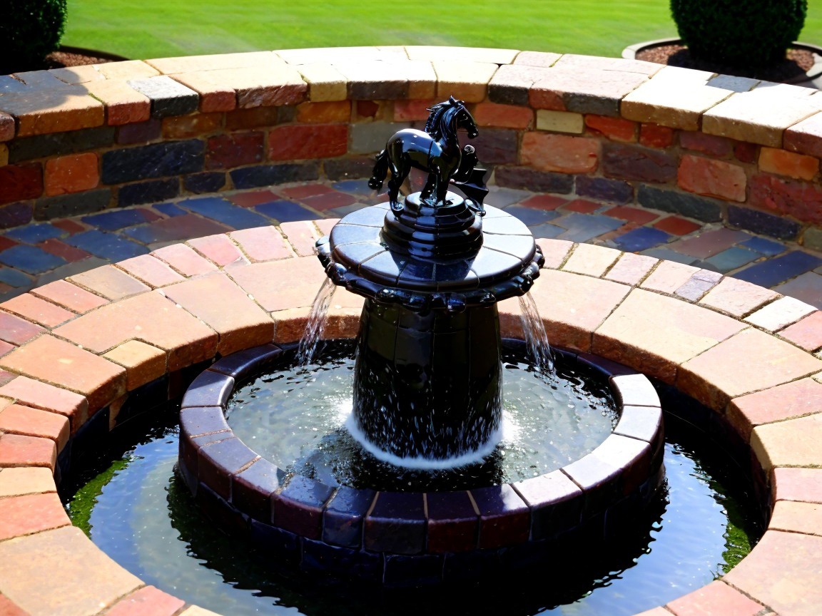 Circular Stone Fountain with Black Horse Sculpture