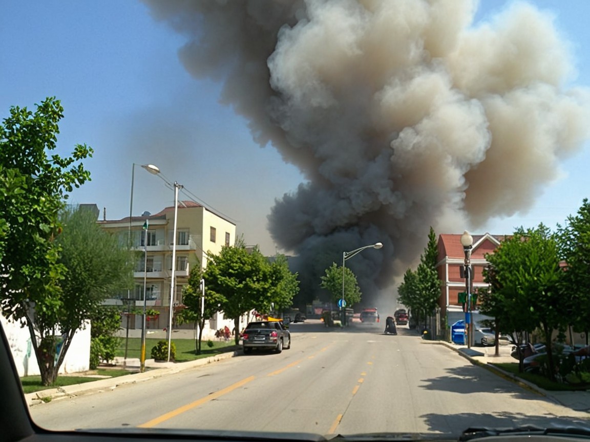 Suburban Street with Fire and Dark Smoke in Sky