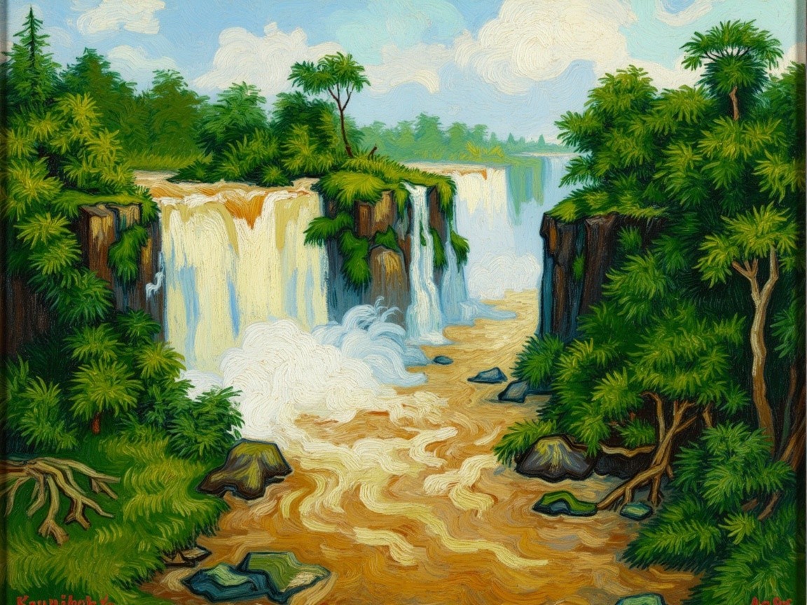 Vibrant Landscape with Waterfalls and Lush Greenery