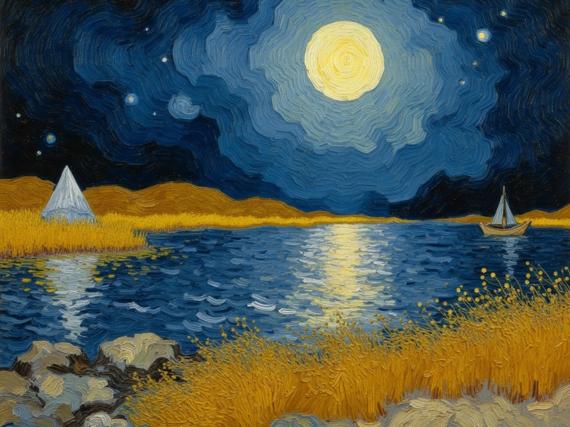 Serene Nighttime Landscape with Full Moon and Water