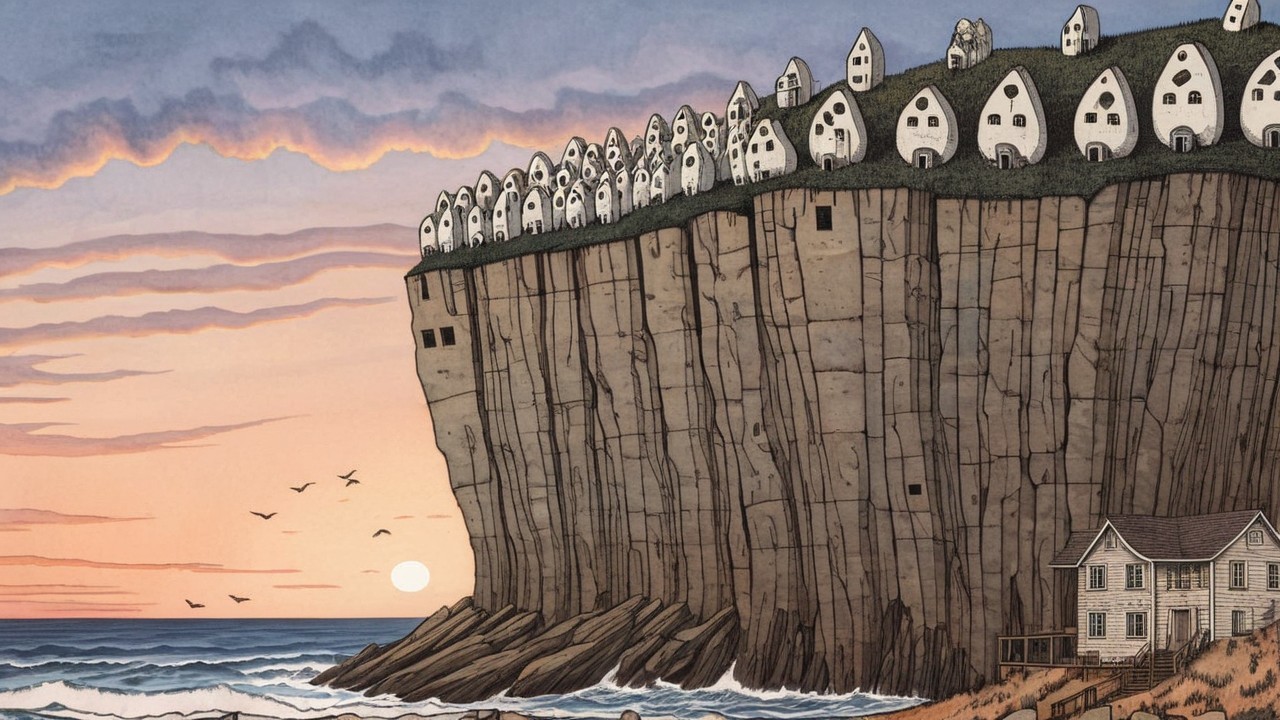 Coastal Sunset Landscape with Egg-Shaped Houses