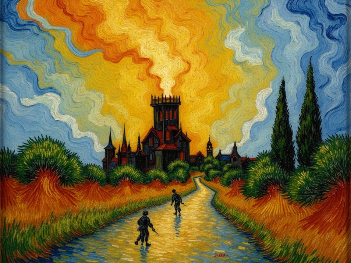 Vibrant Landscape with Silhouetted Figures and Castle