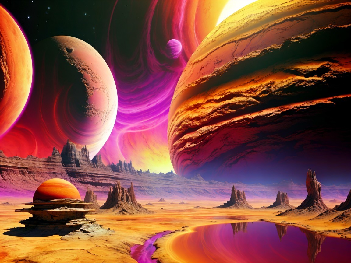 Vibrant Alien Landscape with Colorful Sky and Planets