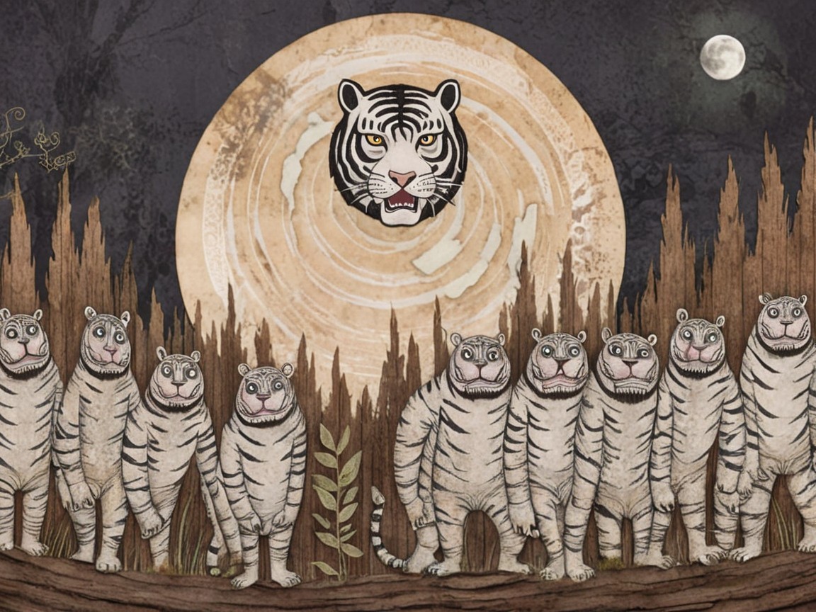 Whimsical Illustration of Cartoonish White Tigers and Moon