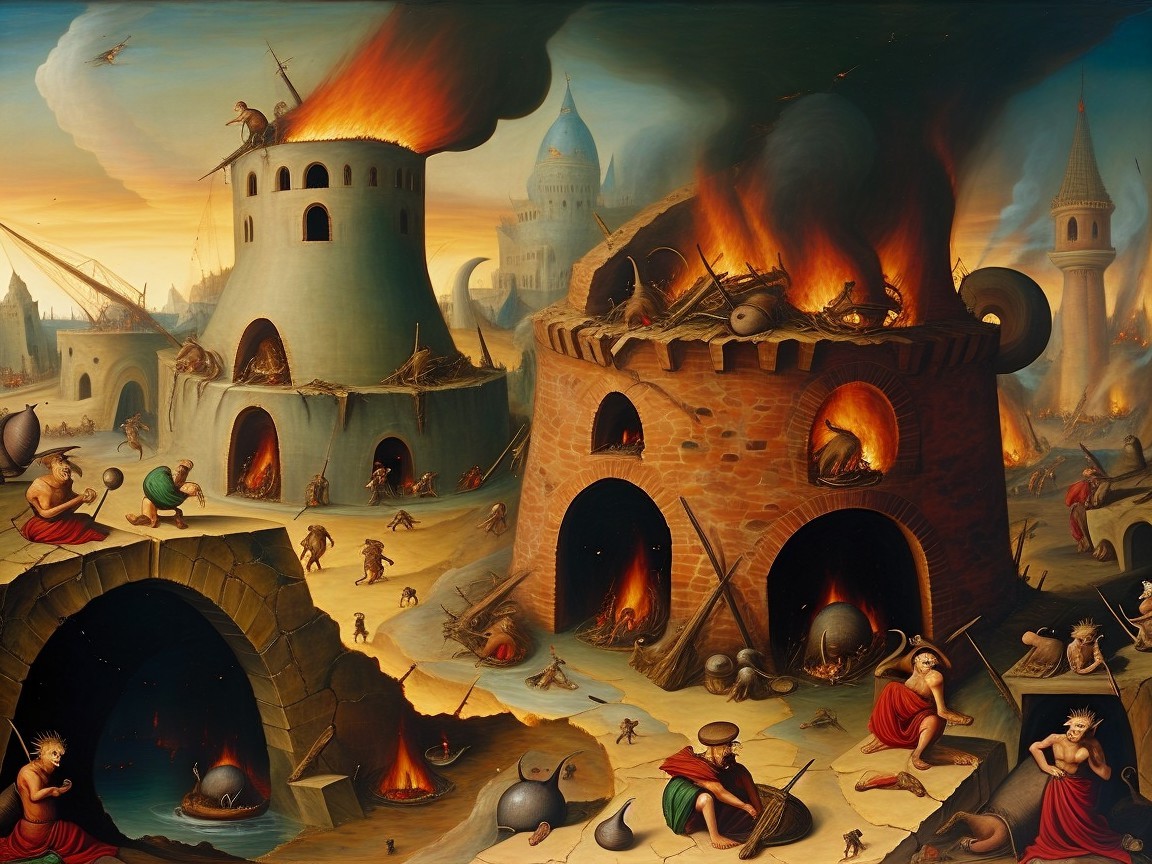 City in Flames with Towering Structures and Smoke