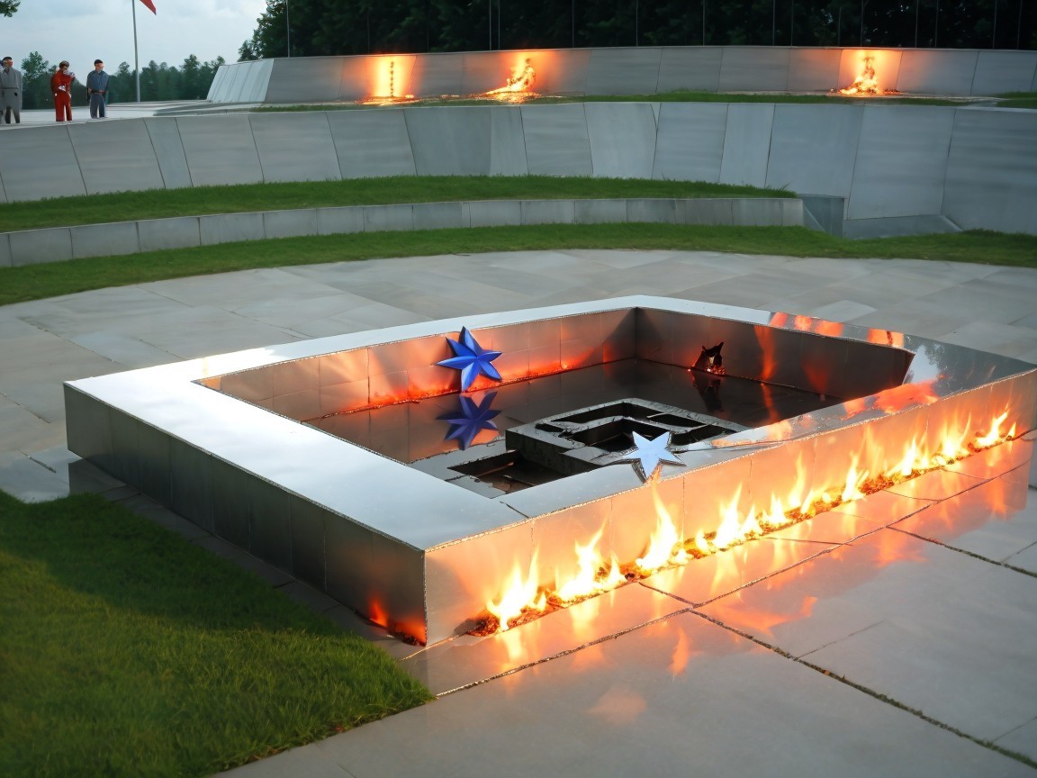 Memorial site with flame-lit structure and blue star