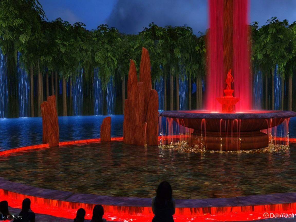Fountain with Red Glow and Serene Surroundings