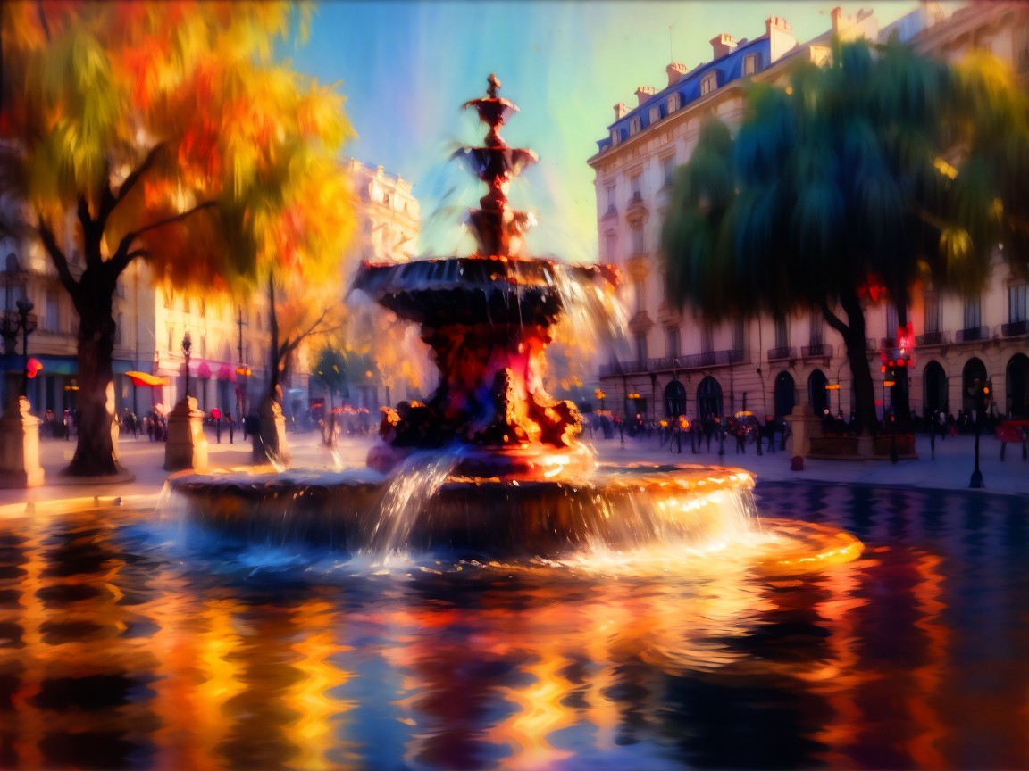Vibrant Fountain in Autumn Square with Sunset Glow