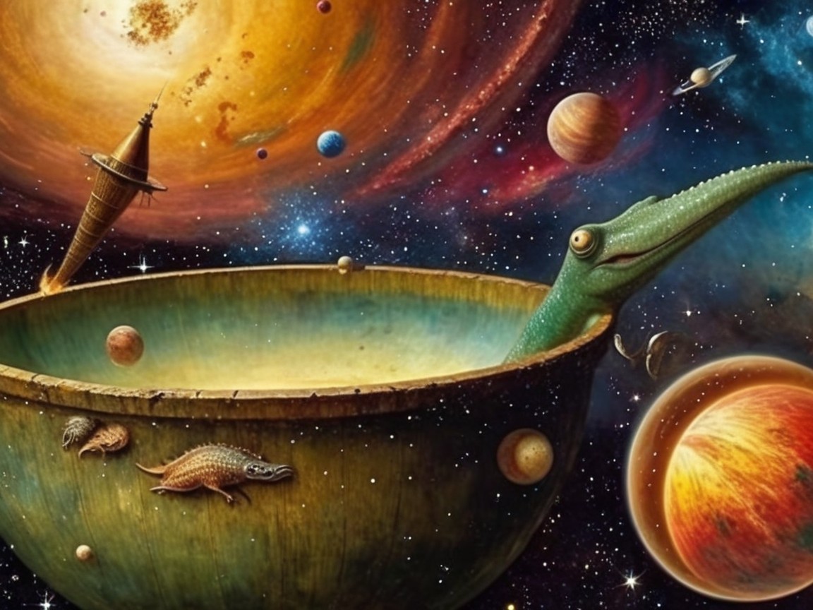 Surreal Cosmic Scene with Floating Bowl and Creature