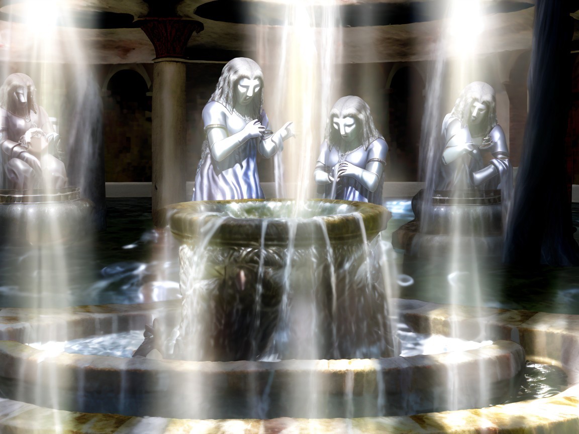 Mystical Chamber with Fountain and Ghostly Figures