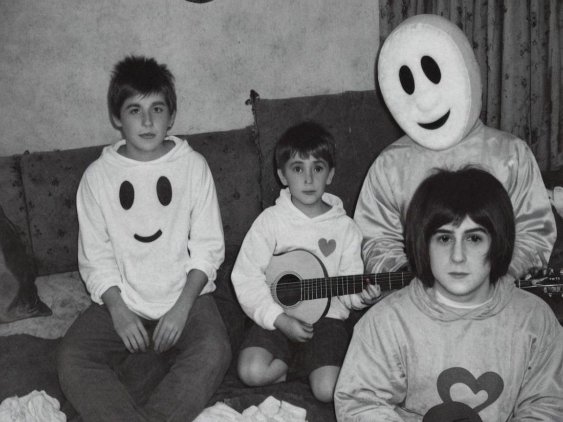 Children on Couch with Smiley Hoodies and Guitar