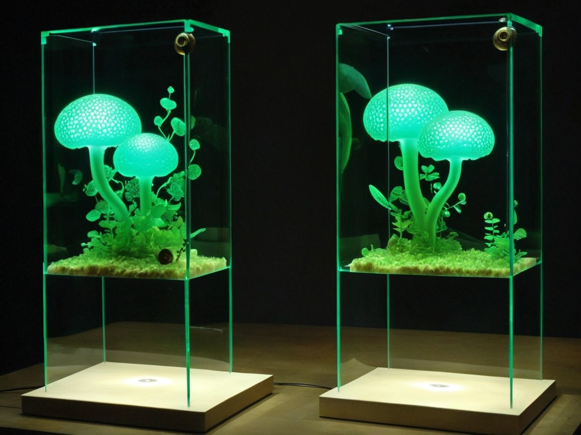 Illuminated Oversized Mushroom Sculptures in Glass Cases