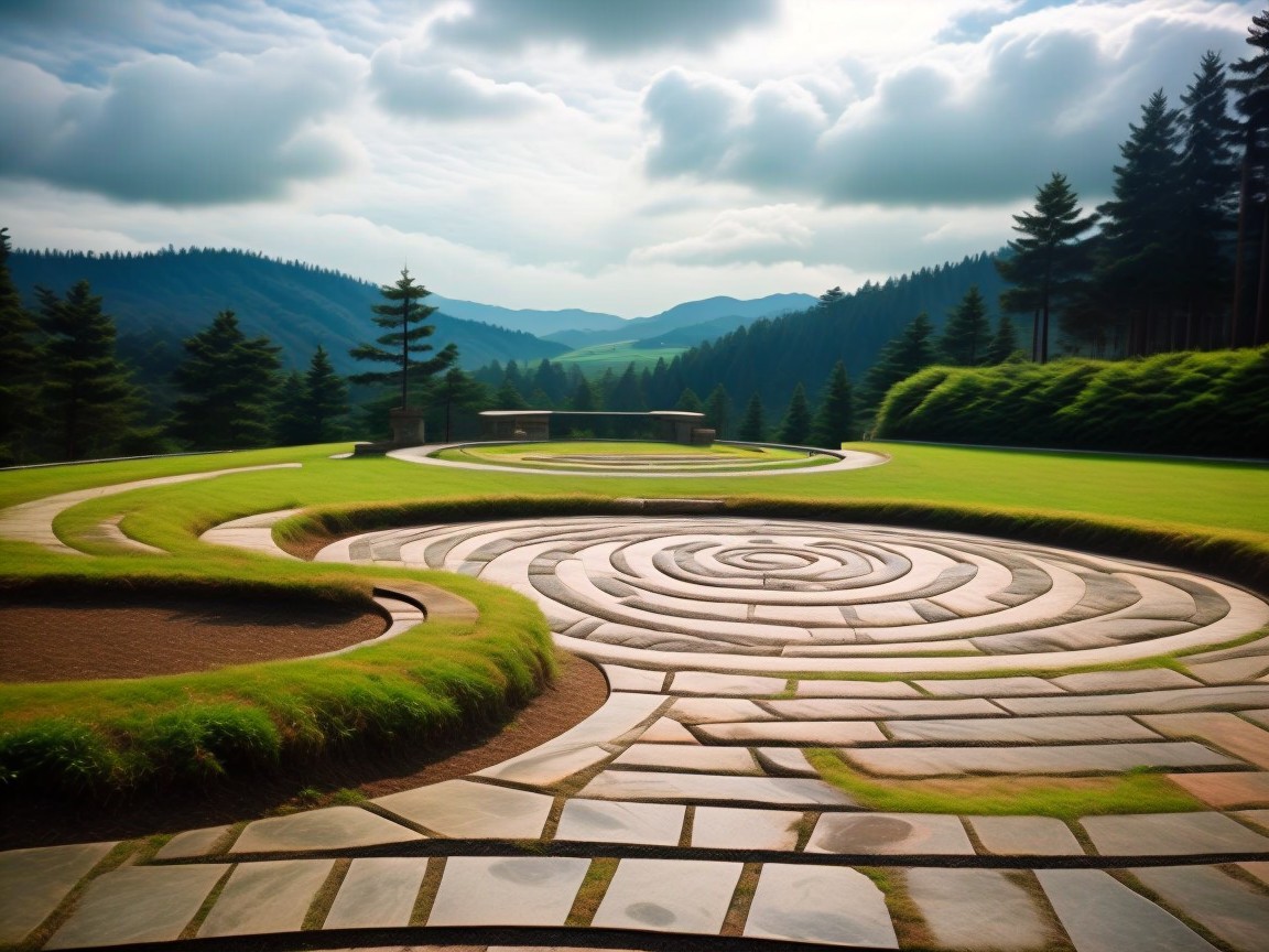 Serene Garden Landscape with Stone Pathway and Trees