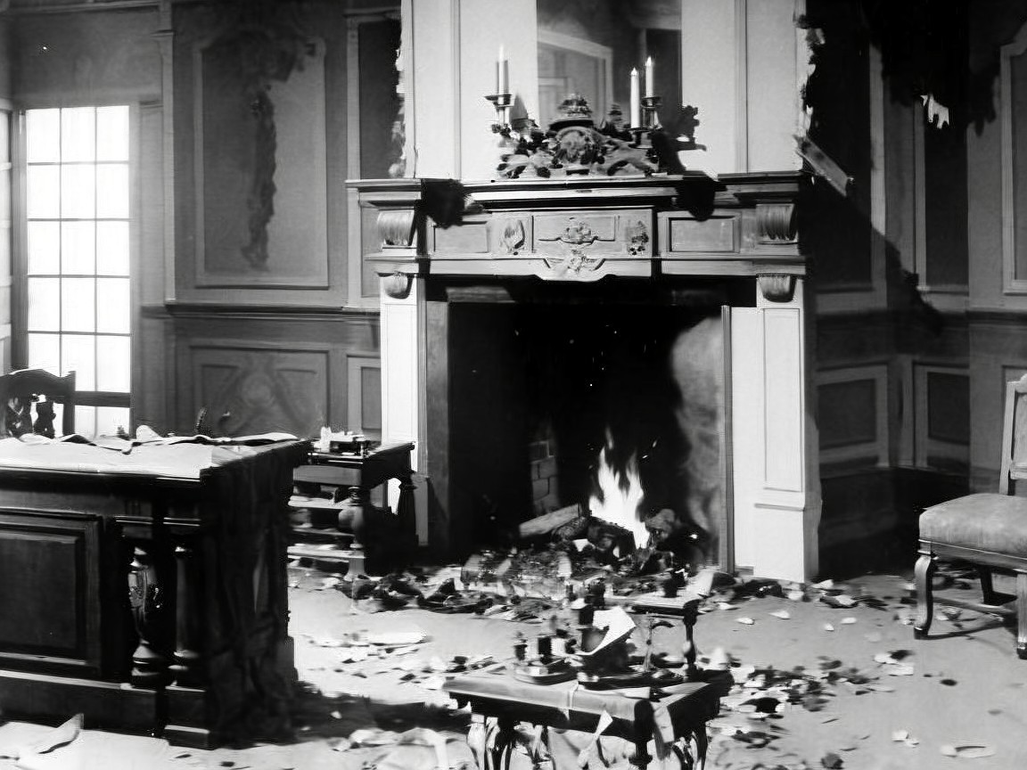 Vintage Room with Ornate Fireplace and Disarrayed Decor