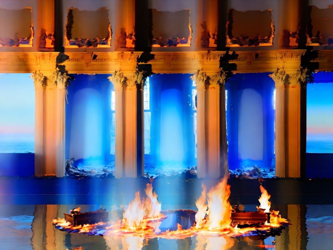 Dramatic Scene of Fire and Classical Architecture