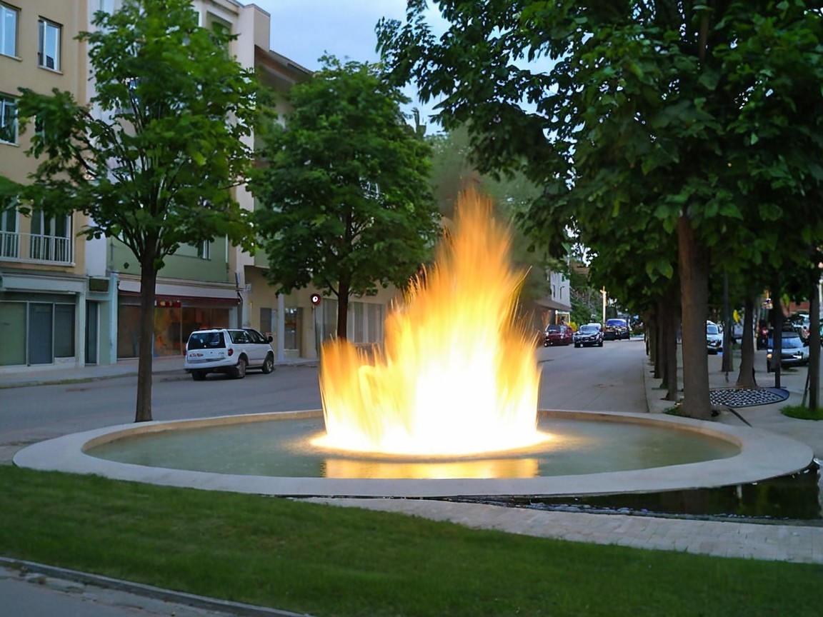 Dramatic fountain with flames in urban green space