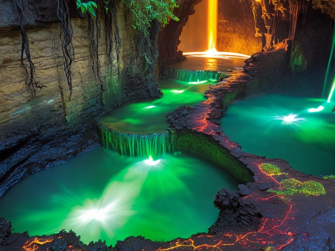 Underground cave with waterfalls and colorful rock formations