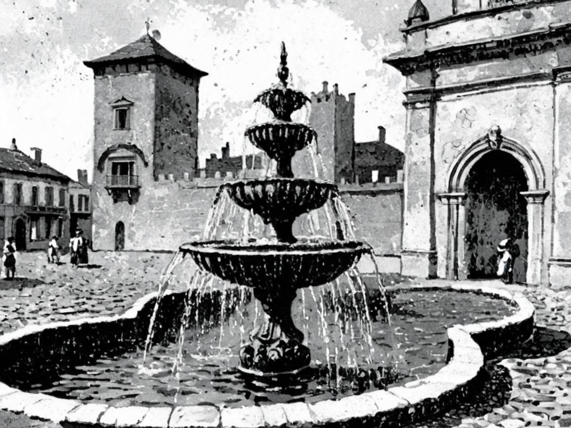 Historic plaza with ornate fountain and ancient tower