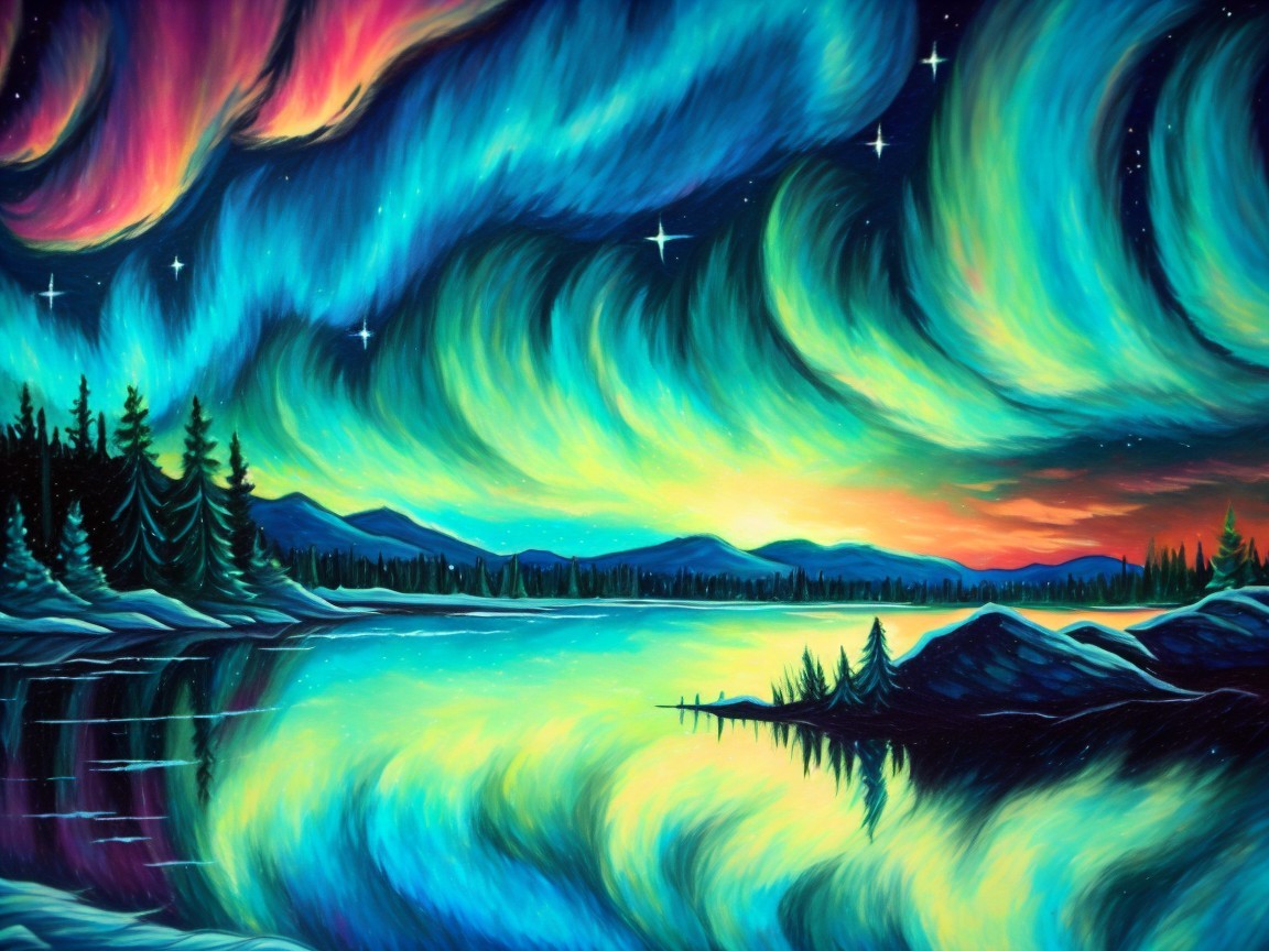 Vibrant Auroras Over a Tranquil Night Landscape