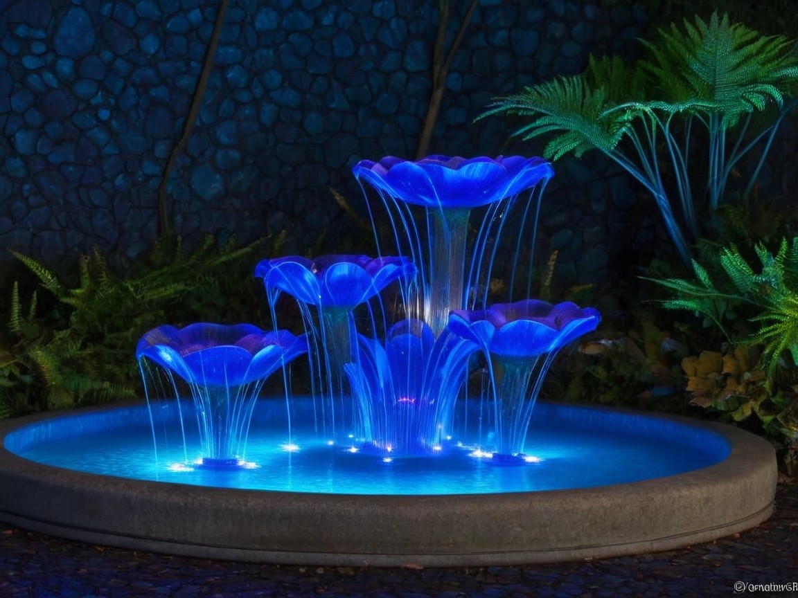Elegant Blue Light Fountain with Flower-Shaped Tiers