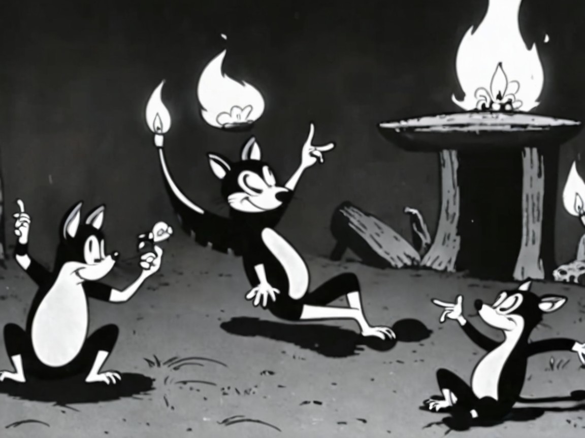 Cartoon Cats with Torches in Whimsical Scene