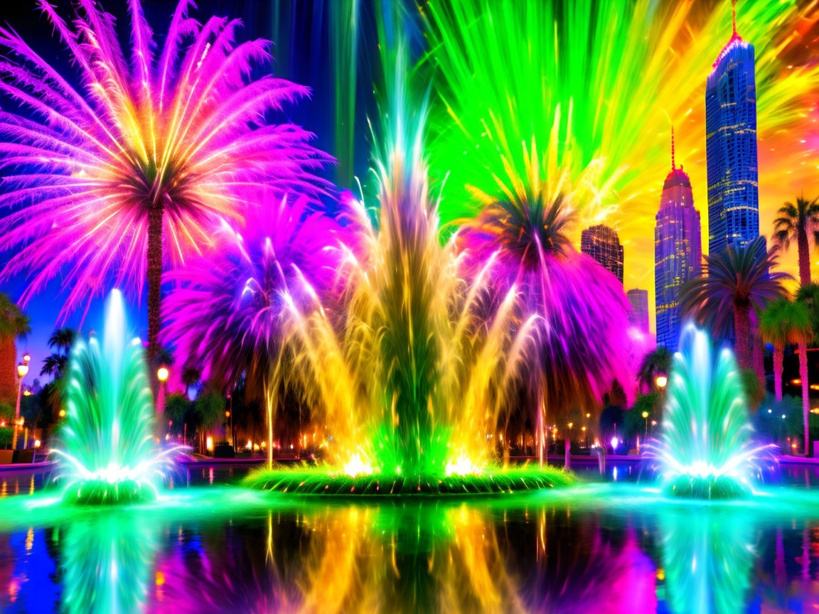 Colorful Nighttime Fountains and Fireworks Display