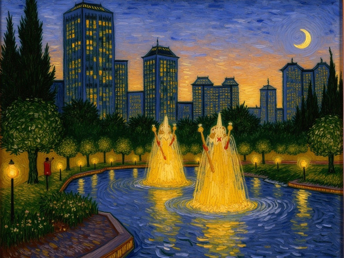 Serene Evening Landscape with Illuminated Fountains