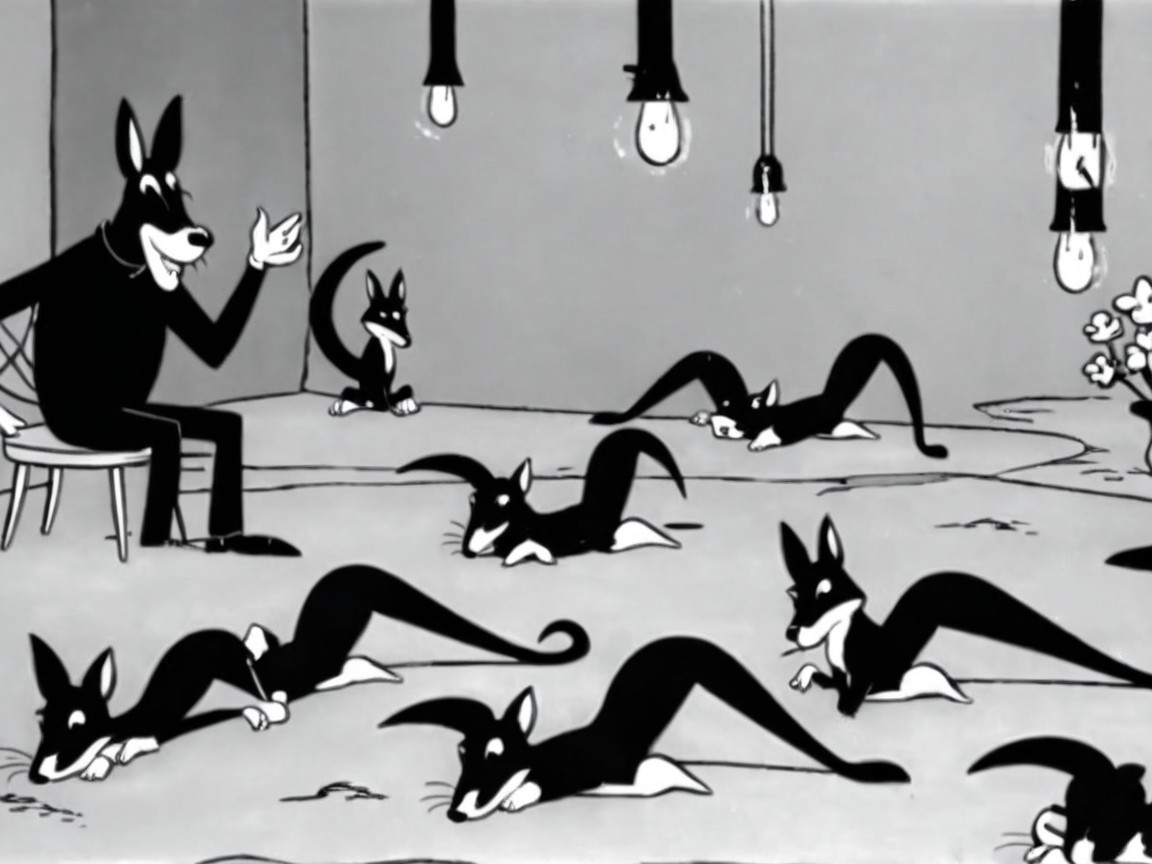 Anthropomorphic Character Telling Story to Dog-Like Creatures
